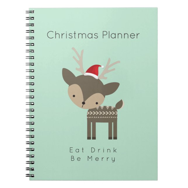 Christmas Planner Whimsical Deer In Red Santa Hat Notebook (Front)