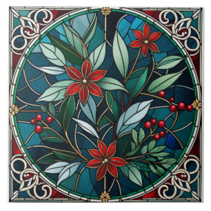 Christmas Plants Red Flower Green Leaves Elegant Tile