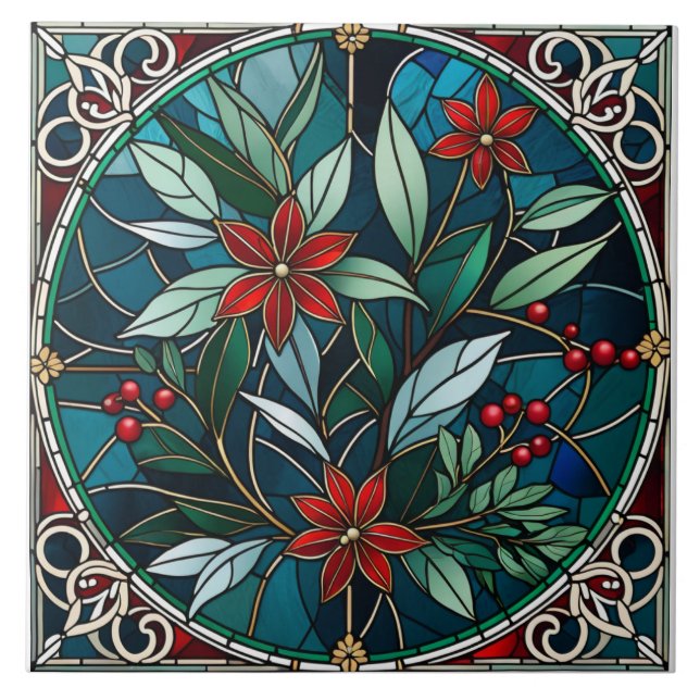 Christmas Plants Red Flower Green Leaves Elegant Tile (Front)