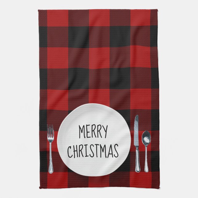 Christmas Plate On Buffalo Plaid Kitchen Towel (Vertical)