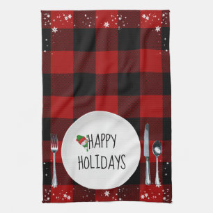 Christmas Plate On Buffalo Plaid Kitchen Towel