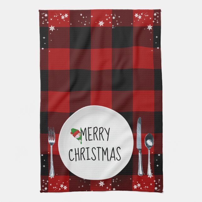 Christmas Plate On Buffalo Plaid Kitchen Towel (Vertical)