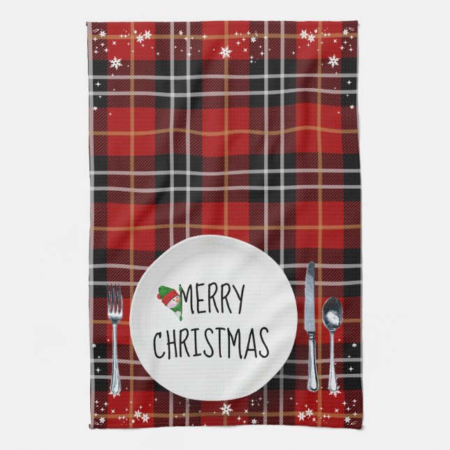 Christmas Plate On Tartan Plaid Kitchen Towel (Vertical)