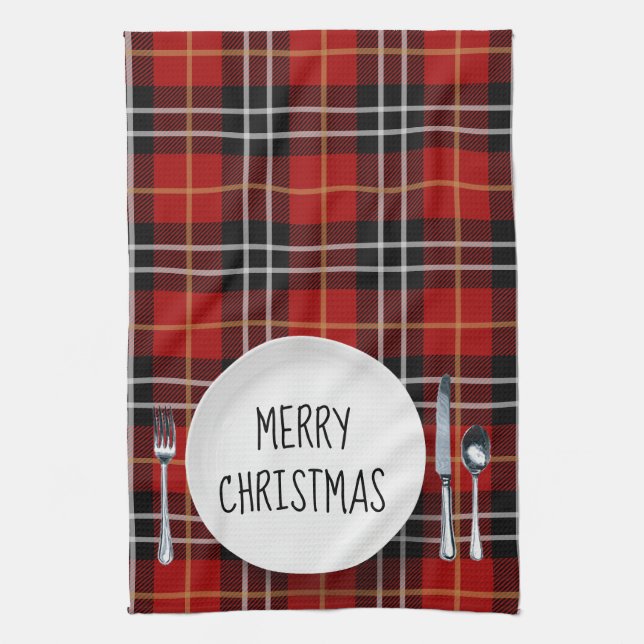 Christmas Plate On Tartan Plaid Tea Towel (Vertical)
