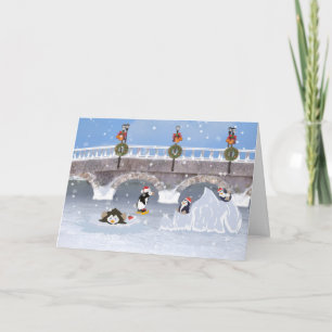 Christmas, Playful Penguins on Frozen Lake Holiday Card