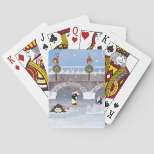 Christmas, Playful Penguins on Frozen Lake Playing Cards
