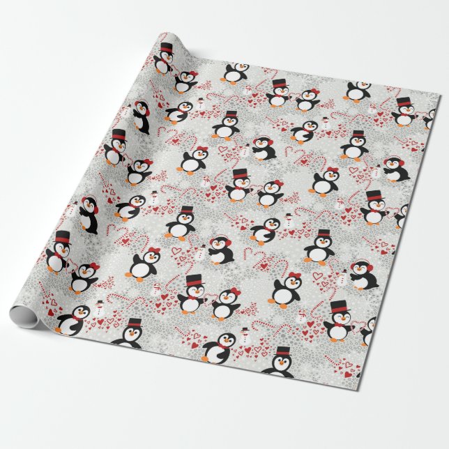 Christmas Playful Peppermint Penguins Wrapping Paper (Unrolled)