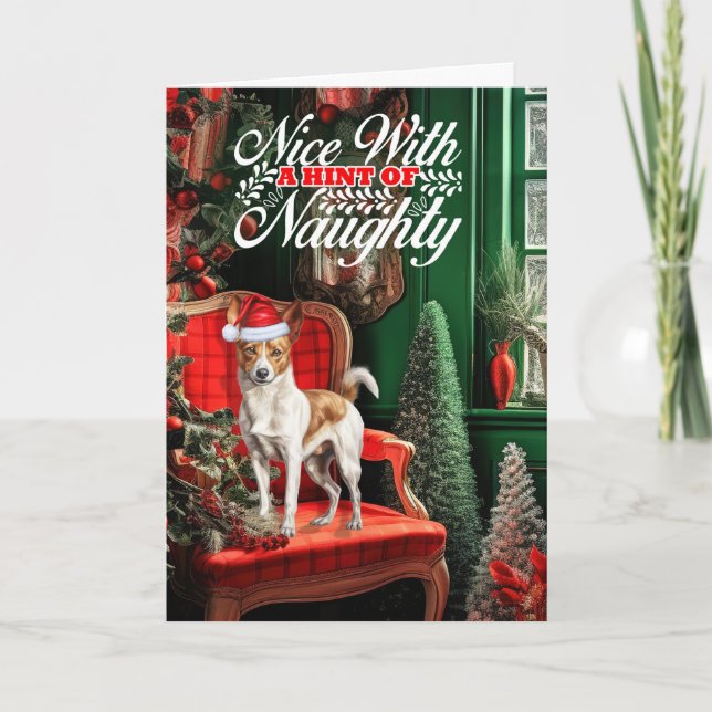 Christmas Podengo Pequeno Dog Naughty or Nice Holiday Card (Front)