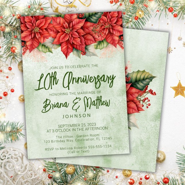 Christmas Poinsettia 10th Wedding Anniversary  Invitation (Creator Uploaded)