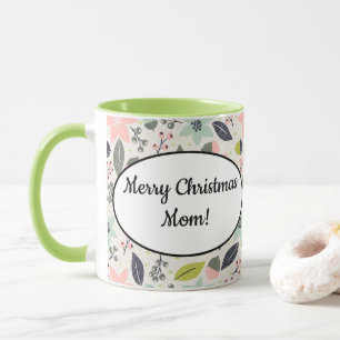 Christmas Poinsettia Acorns Grey Aqua Lime Green Mug