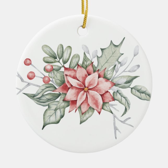 Christmas Poinsettia And Berries  Ceramic Tree Decoration (Front)