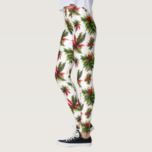 Christmas poinsettia and greenery pattern leggings