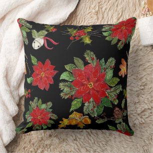Christmas Poinsettia And Silver Bells Cushion