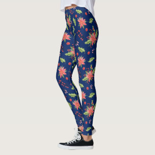 Christmas poinsettia and winter foliage pattern leggings