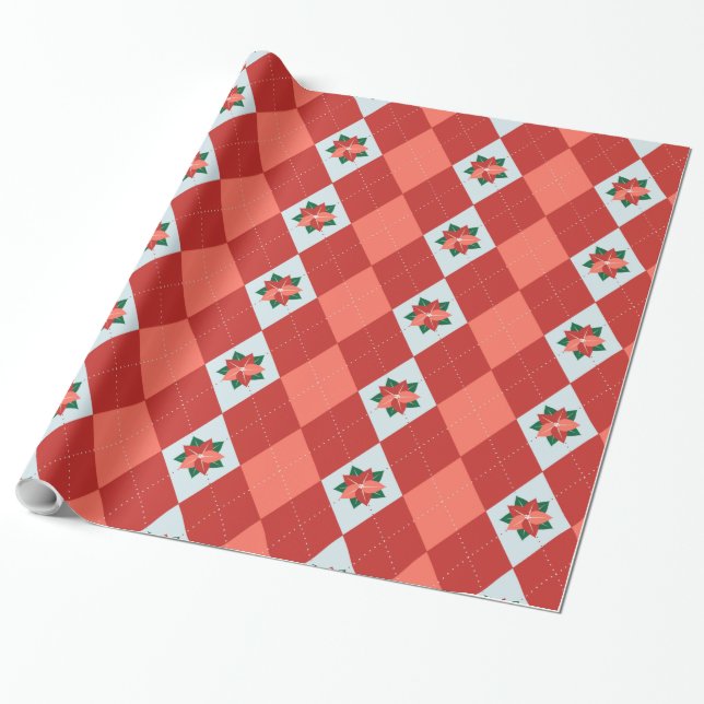 Christmas Poinsettia Argyle Wrapping Paper (Unrolled)