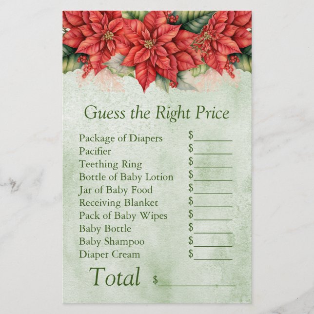 Christmas Poinsettia Baby Shower Game Guess Price (Front)