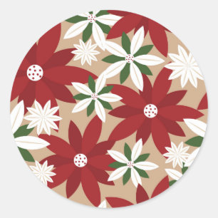 Christmas Poinsettia Background Classic Round Sticker