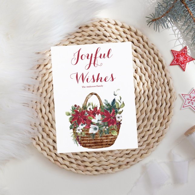 Christmas Poinsettia Basket Joyful Wishes  Holiday Postcard (Creator Uploaded)