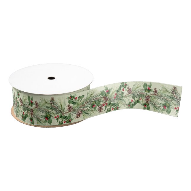 Christmas Poinsettia Berries and Branches Grosgrain Ribbon (Spool)
