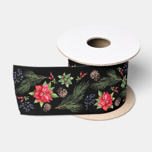 Christmas Poinsettia Berries and Branches Satin Ribbon