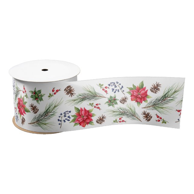 Christmas Poinsettia Berries and Branches Satin Ribbon (Spool)