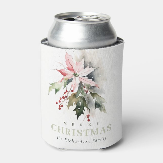 Christmas Poinsettia Berries Foliage Watercolor Can Cooler (Can Front)