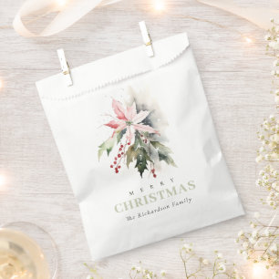 Christmas Poinsettia Berries Foliage Watercolor Favour Bags