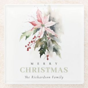 Christmas Poinsettia Berries Foliage Watercolor Glass Coaster