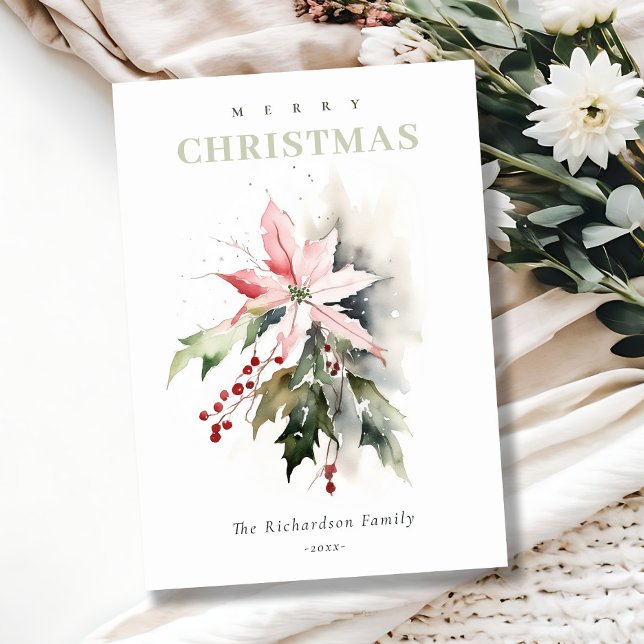Christmas Poinsettia Berries Foliage Watercolor Holiday Card (Creator Uploaded)