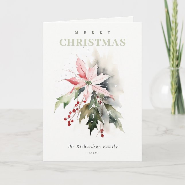 Christmas Poinsettia Berries Foliage Watercolor Holiday Card (Front)