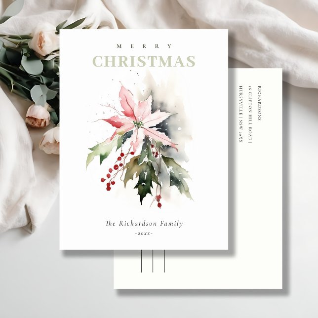 Christmas Poinsettia Berries Foliage Watercolor Holiday Postcard (Creator Uploaded)