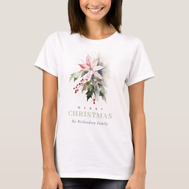 Christmas Poinsettia Berries Foliage Watercolor T-Shirt (Front)