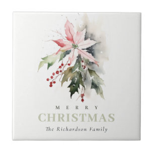 Christmas Poinsettia Berries Foliage Watercolor Tile