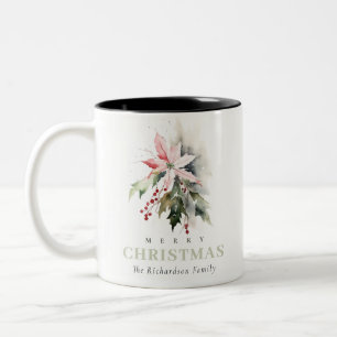 Christmas Poinsettia Berries Foliage Watercolor Two-Tone Coffee Mug
