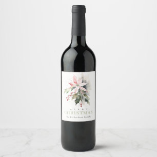 Christmas Poinsettia Berries Foliage Watercolor Wine Label