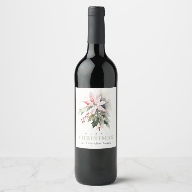 Christmas Poinsettia Berries Foliage Watercolor Wine Label (Front)