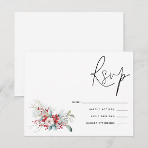 Christmas Poinsettia Berries Script Wedding RSVP Card