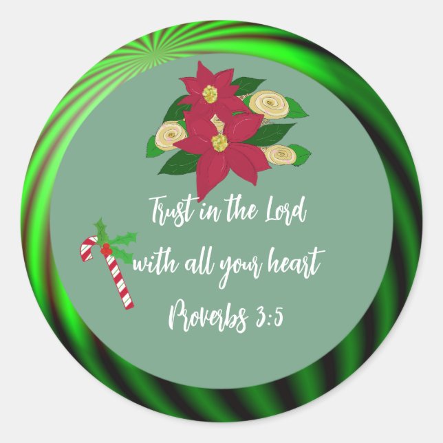 Christmas Poinsettia Bible Verse Round Sticker (Front)
