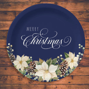  Christmas Poinsettia blue round  Paper Plate