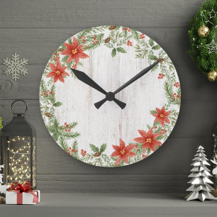 Christmas Poinsettia Botanical Foliage  Round Clock