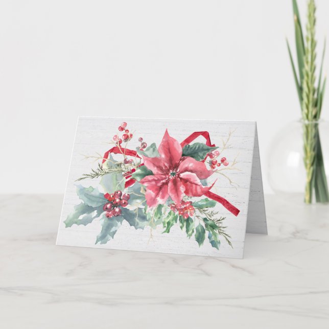 Christmas Poinsettia Bouquet On Wood Holiday Card (Front)