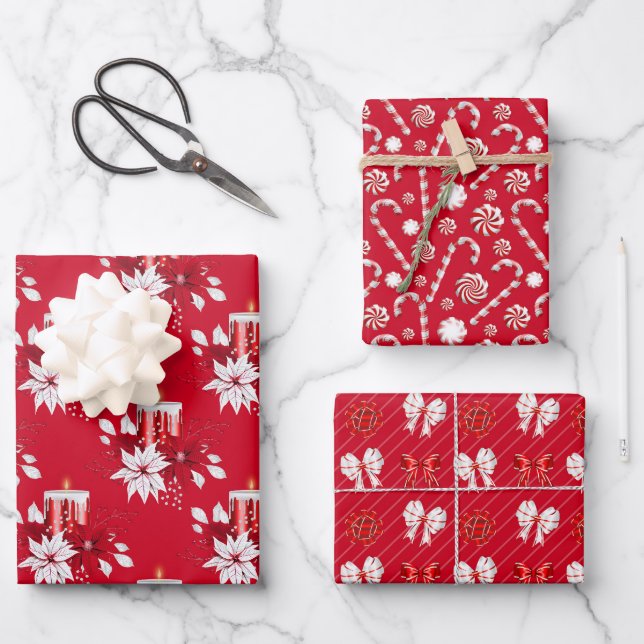 Christmas Poinsettia Bow Candy Cane Candle Red Wrapping Paper Sheet (Front)