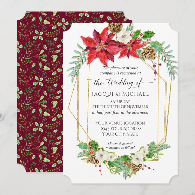 Christmas Poinsettia Burgundy Gold Watercolor Invitation (Front/Back)