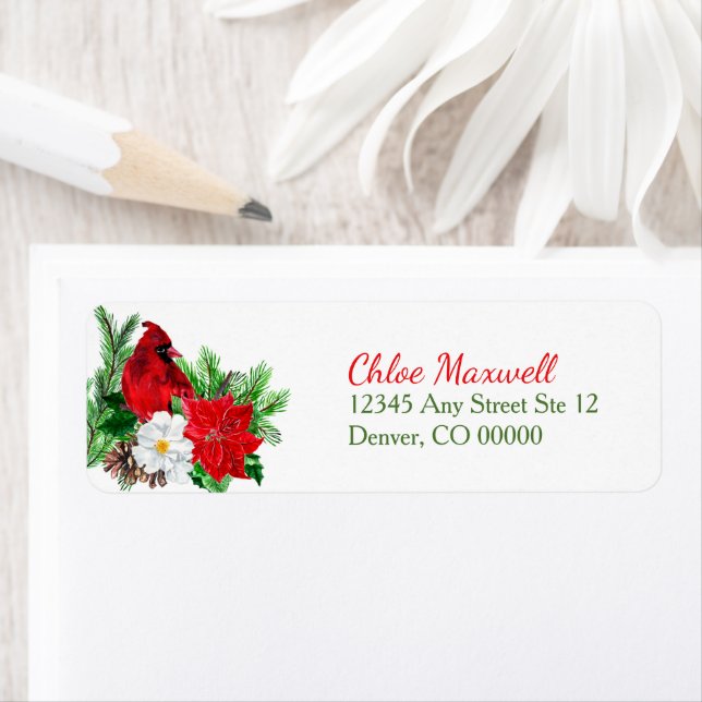 Christmas Poinsettia Cardinal Return Address (Insitu)