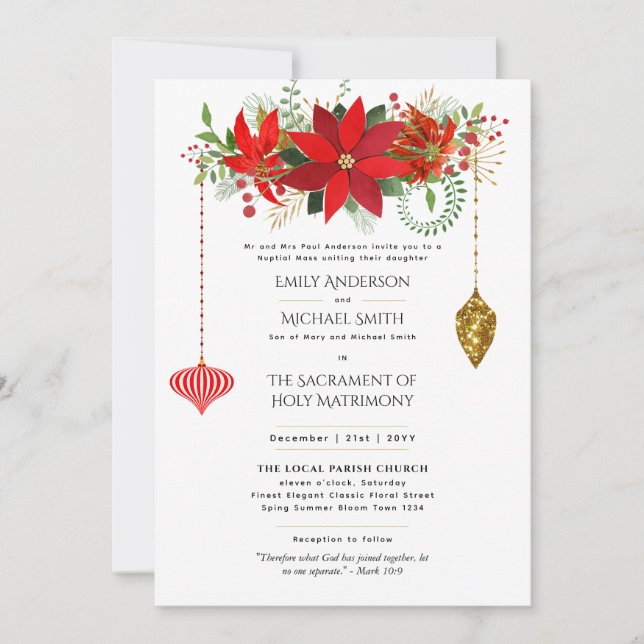 Christmas Poinsettia Catholic Wedding Nuptial Mass Invitation (Front)