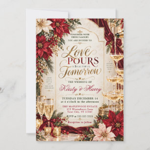 Christmas Poinsettia Champagne Wedding Invitation