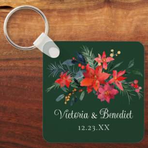 Christmas Poinsettia Elegant Floral Green Wedding Key Ring