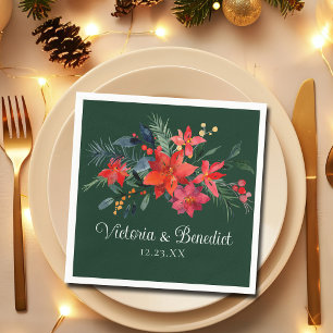 Christmas Poinsettia Elegant Floral Green Wedding Napkin