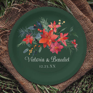 Christmas Poinsettia Elegant Floral Green Wedding  Paper Plate
