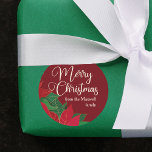 Christmas Poinsettia Elegant Red Custom Gift Classic Round Sticker<br><div class="desc">This beautiful poinsettia flower gift sticker features elegant white calligraphy that reads Merry Christmas across the festive red background. Customise these chic labels above the floral drawing to send to friends and family</div>